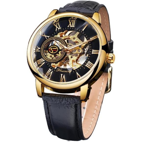 Men's Skeleton Watch Steampunk Watch Mechanical Watch for Men Retro, Black Band - Picture 1 of 6